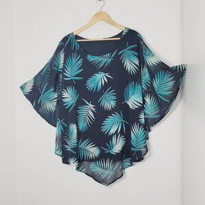 Women's Black Teal Leaf Print Cap Sleeves Tank Top Underneath Blouse Plus Size